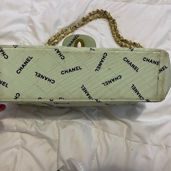 Vintage Chanel Light Mint Green Maxi Jumbo Logo Pattern Quilted Cotton Shoulder - Picture 11 of 15